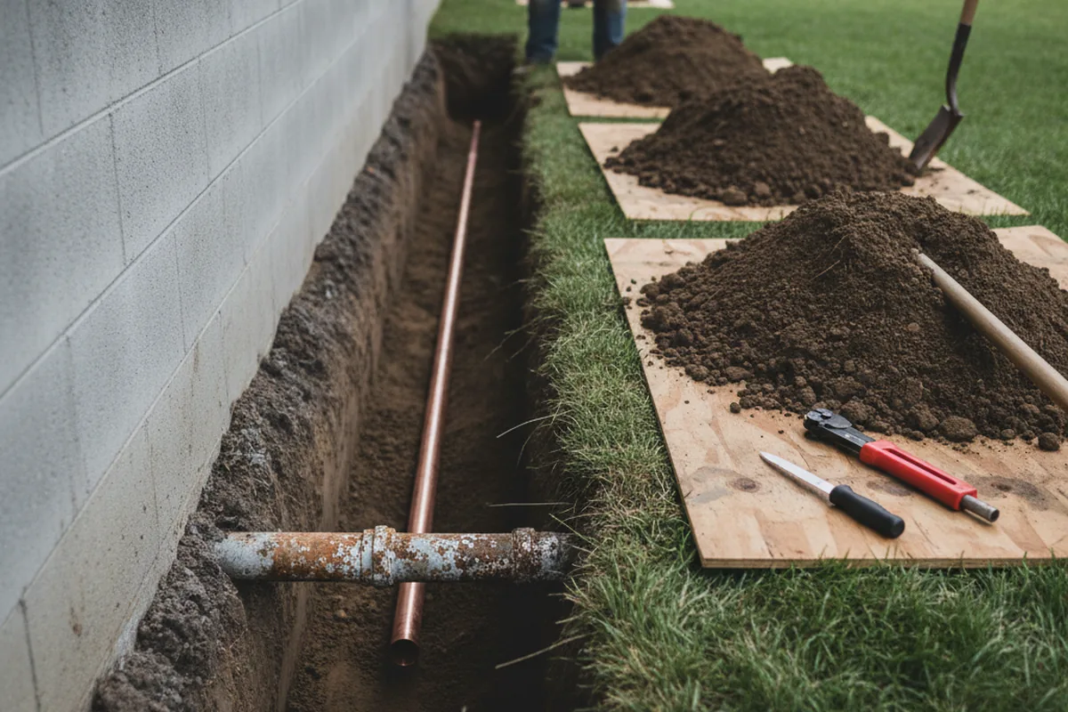 Excavated water line trench during Water Softener Installation in Juneau